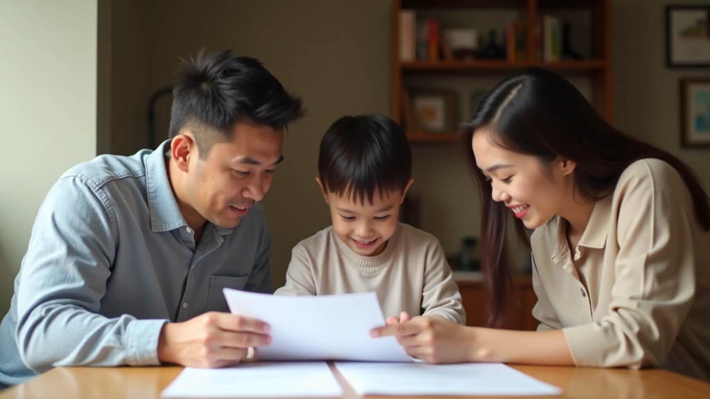 Family reviewing financial documents together at home with laptop and notebook