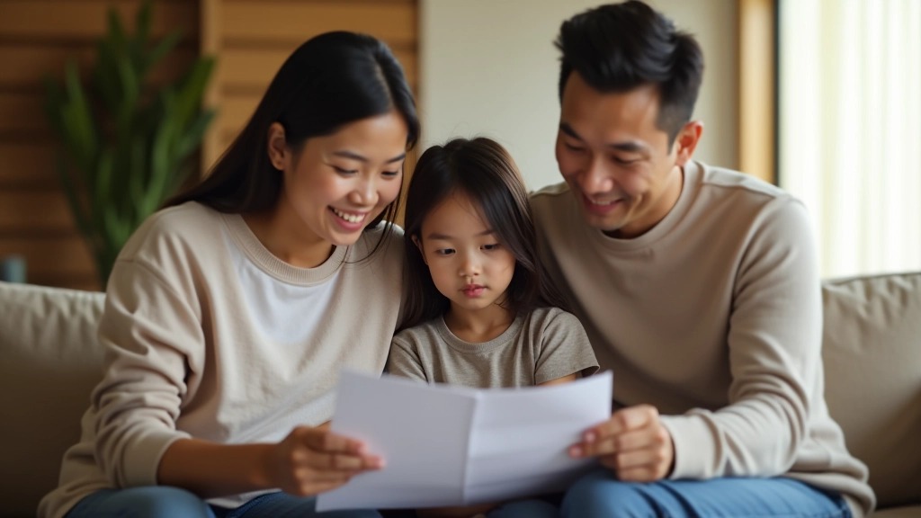 Happy family at home reviewing financial documents and insurance plans together in living room
