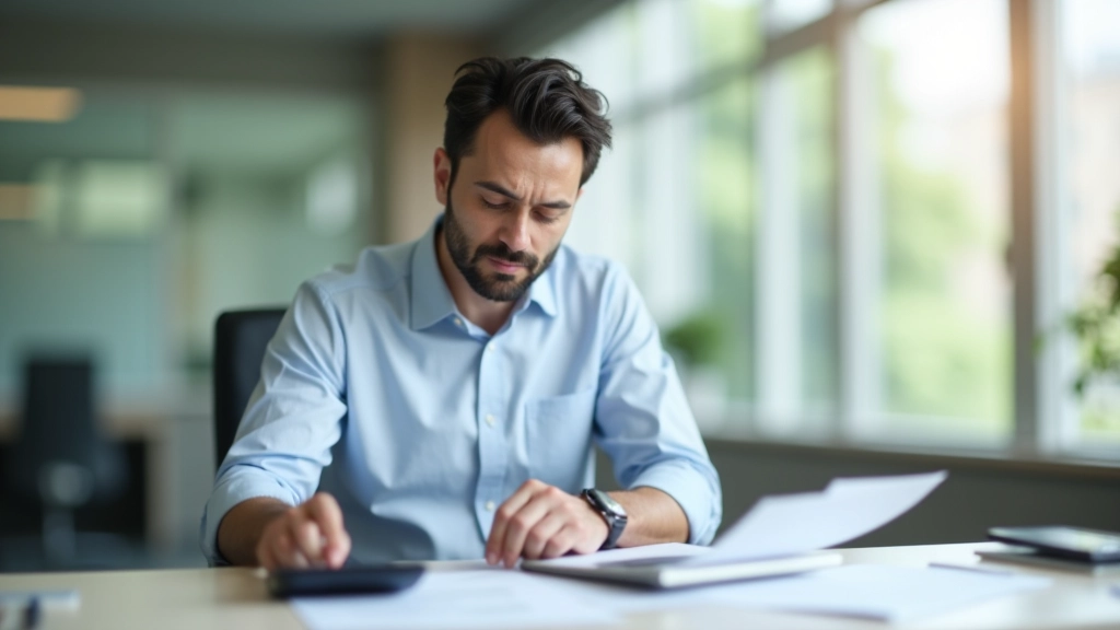 Person thoughtfully reviewing multiple insurance documents and comparing different policy options at desk