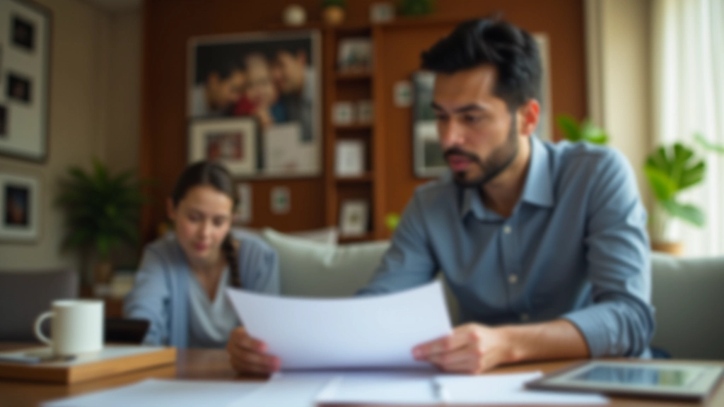 Person making thoughtful decision while reviewing insurance options and family photos