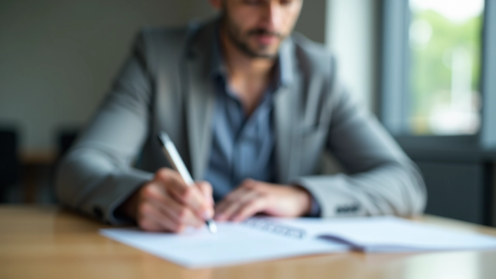 A person reviewing insurance documents at a wooden desk with a pen and notebook nearby